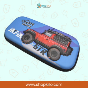 Blue 3D car pencil case angled to show protective EVA shell