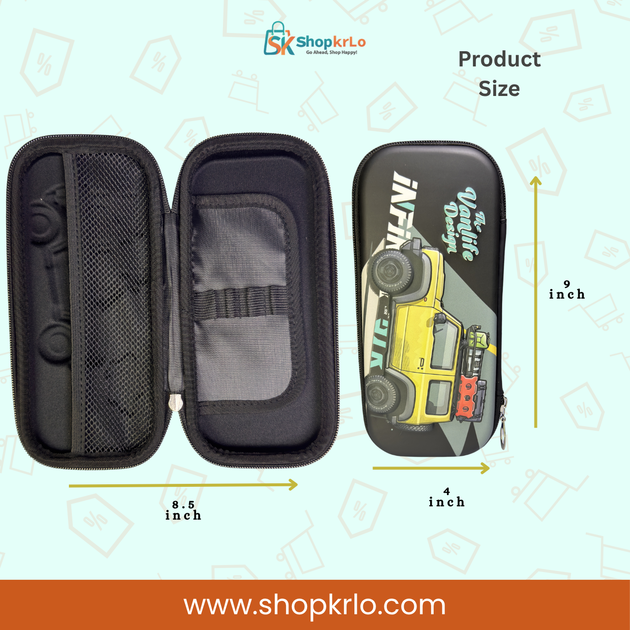 Nine inch jeep geometry box showing practical dimensions for school stationery