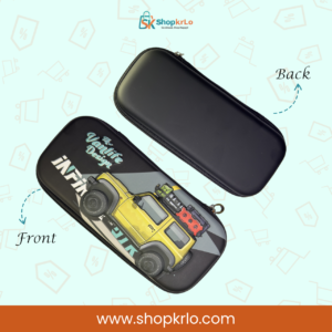 Back view of black moulded EVA jeep pencil case for children