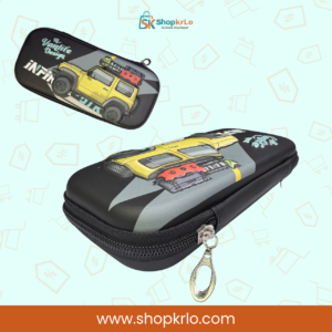 Close view showing sturdy zip closure on jeep school pencil box