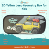 Front view of 3D yellow jeep geometry box with matte black finish