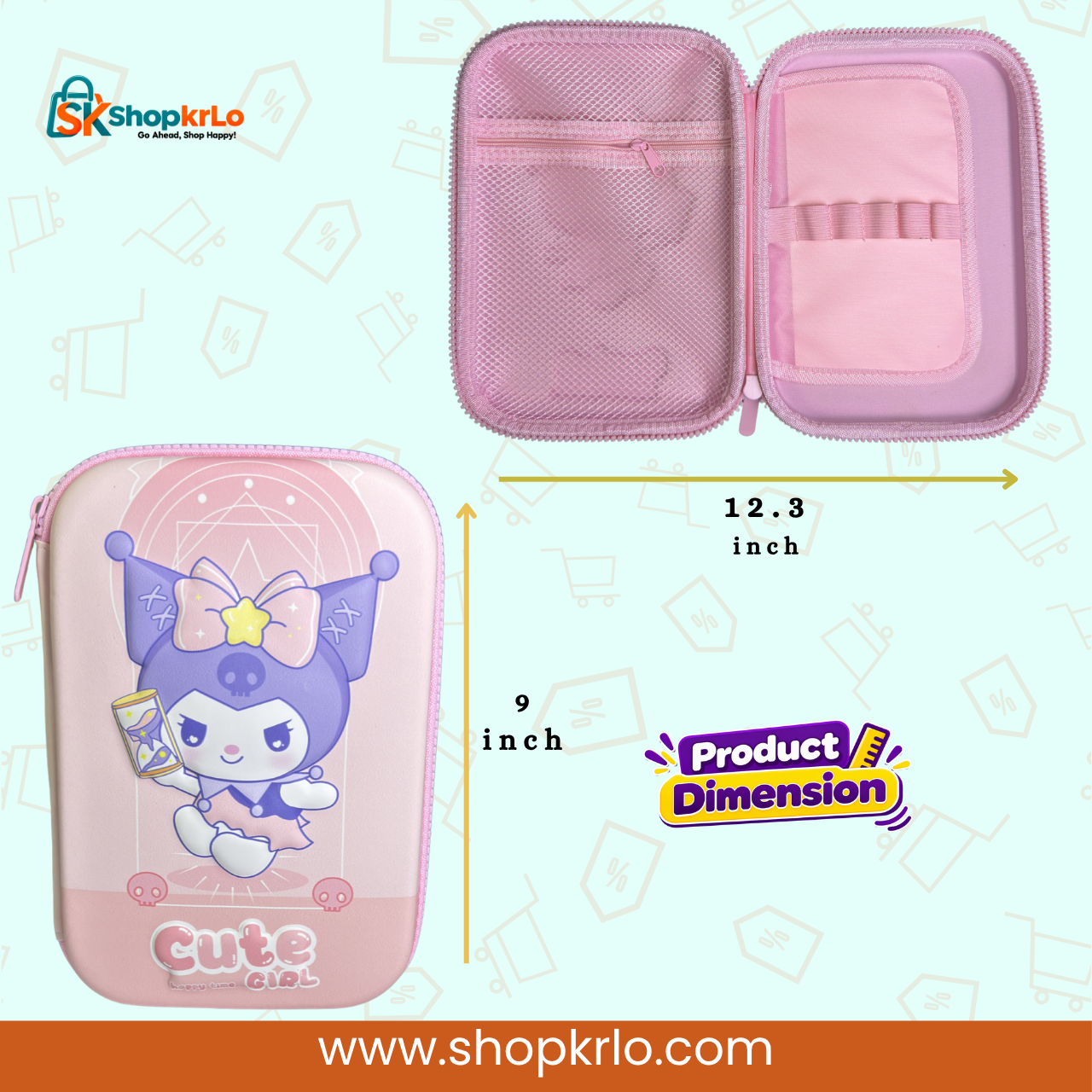 Pink Kuromi geometry box displayed with approximate 12.3 by 9 inch dimensions