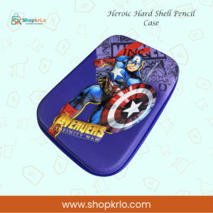 Purple superhero themed geometry box for Pakistani schoolchildren with protective hard shell construction.