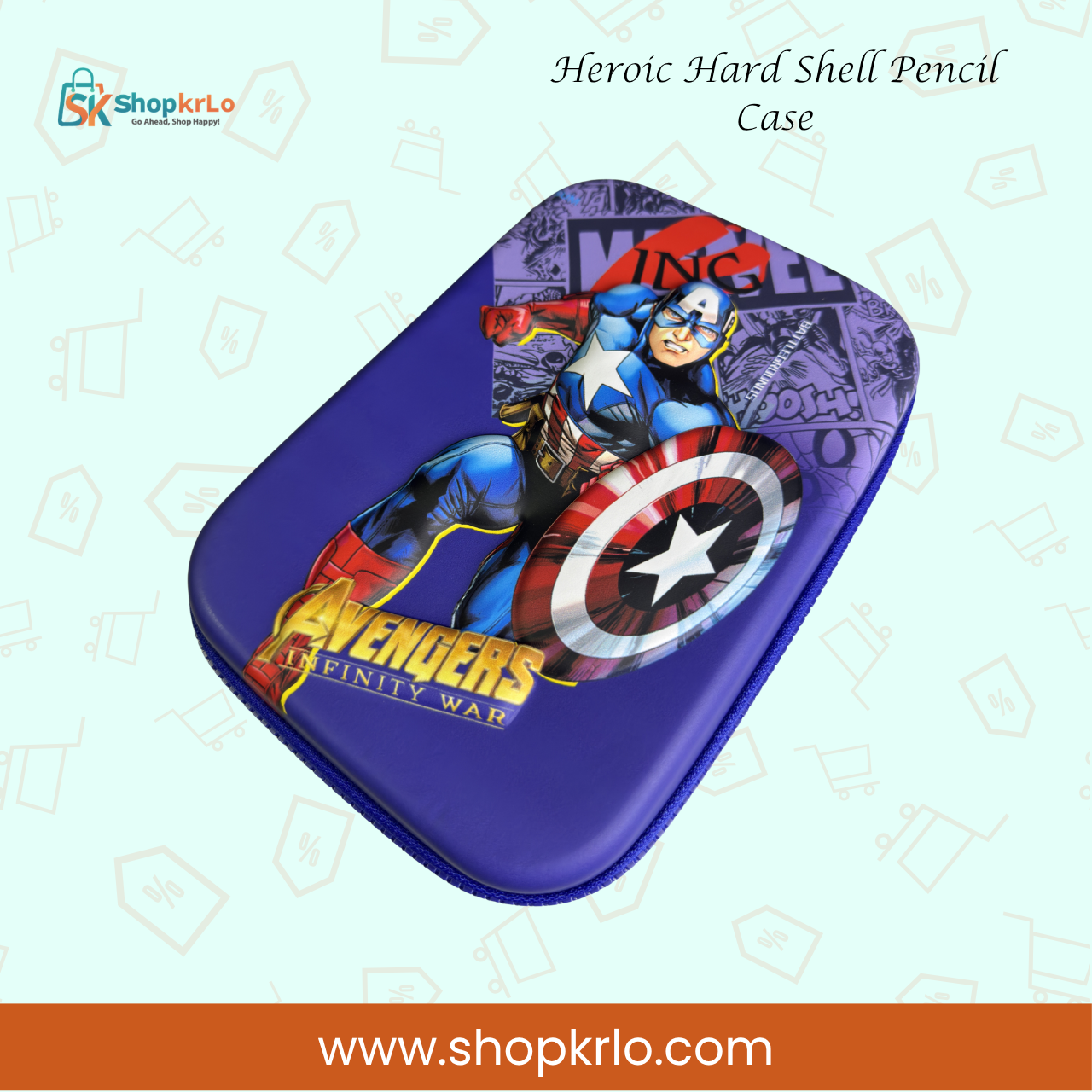Purple superhero themed geometry box for Pakistani schoolchildren with protective hard shell construction.