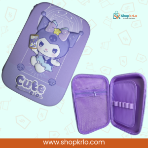Open Kuromi geometry box showing mesh compartment and elastic stationery organiser loops