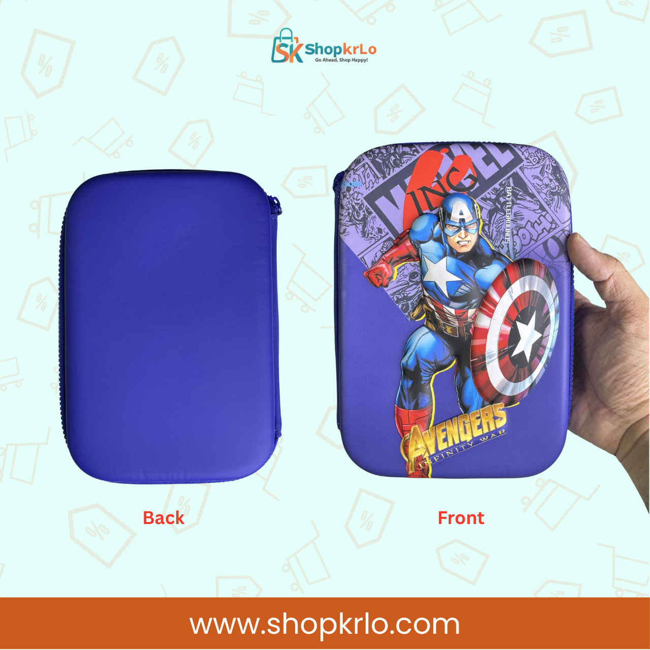 Plain purple back of Captain America hard shell pencil case with smooth matte finish.