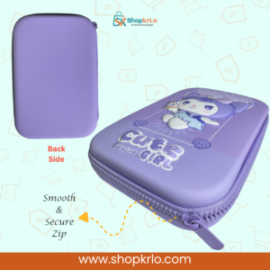 Smooth purple Kuromi hard shell pencil case showing back design and secure zip closure
