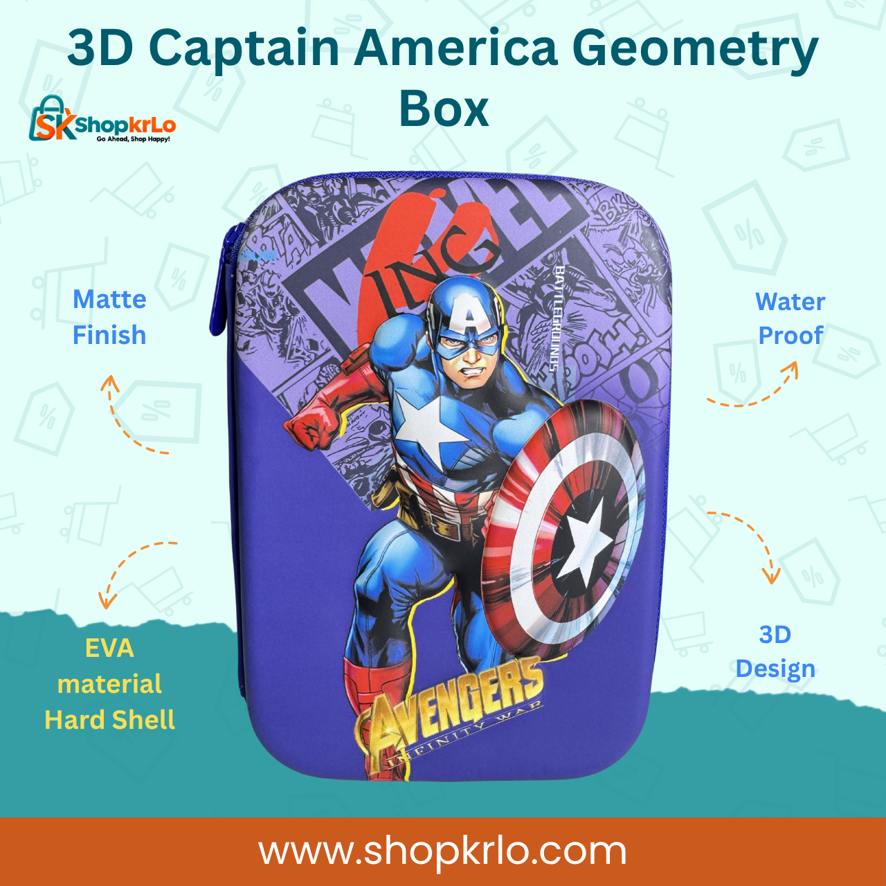 Front view of purple Captain America geometry box featuring colourful Avengers superhero artwork.