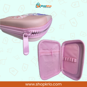 Open pink Kuromi geometry box showing mesh pocket, elastic holders and zip closure