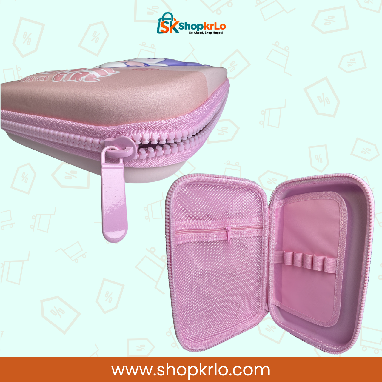 Open pink Kuromi geometry box showing mesh pocket, elastic holders and zip closure