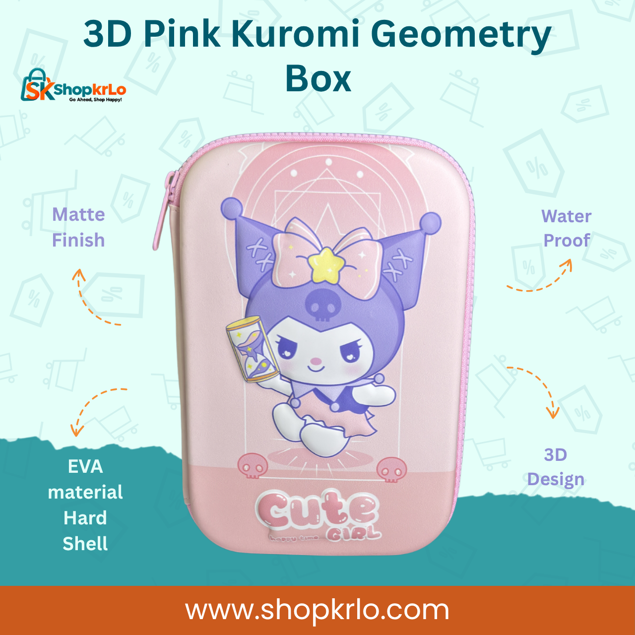 Pink 3D Kuromi geometry box with cute raised character hard shell front