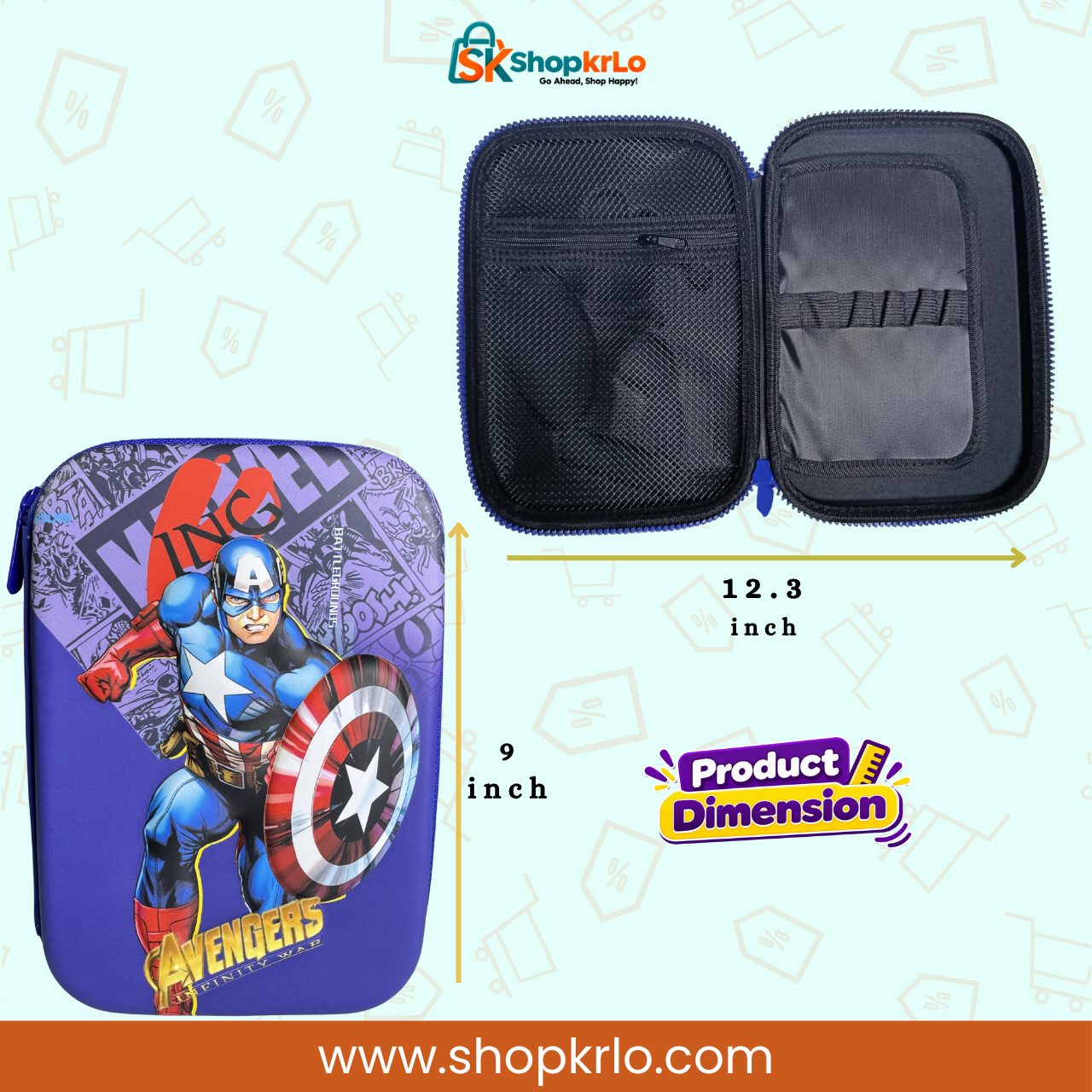 Captain America pencil case with illustrated dimensions showing approximate measurements when fully opened.